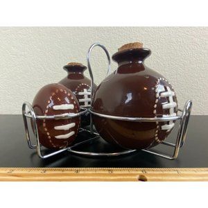 Coushatta Brown Football Condiments Set In caddy Oil Vinegar Salt and Pepper Set